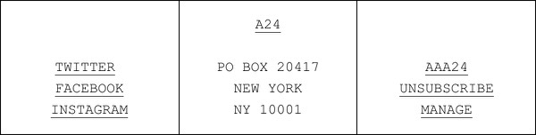 Email Footer Information - A24 email component (single column layout)