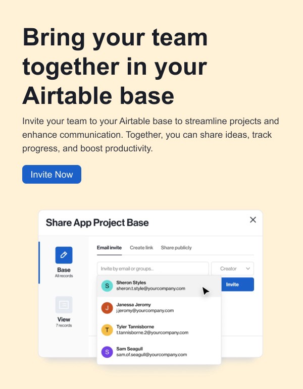 Invite Your Team to Collaborate - Airtable email component (single column layout)