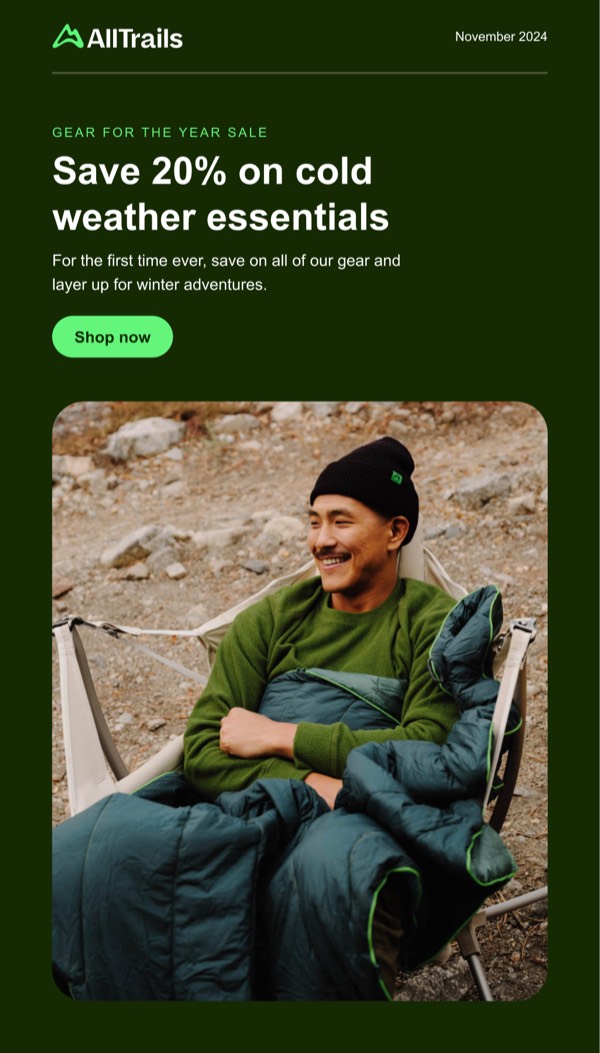 Cold Weather Essentials Promotion - AllTrails email component (single column layout)