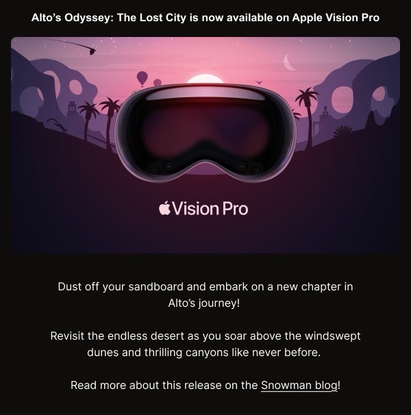 New Game Release Notification - Alto's Odyssey email component (single column layout)