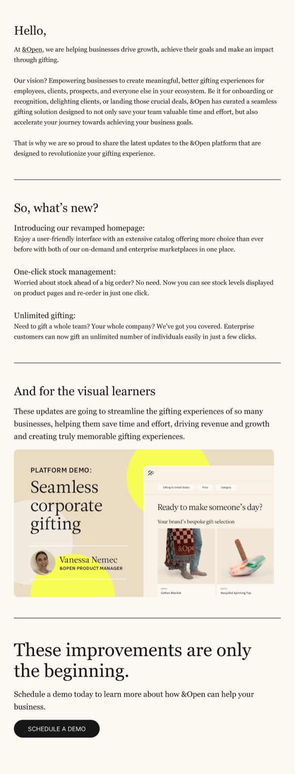 Gifting Experience Enhancements - And Open email component (single column layout)