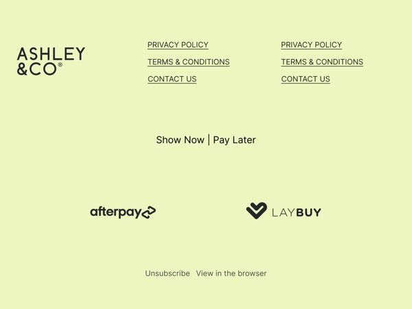 Payment Options Footer - Ashley & Co email component (footer layout)