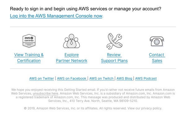 Account Sign-in and Resources - AWS email component (single column layout)