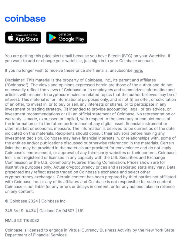 Bitcoin Price Alert - Coinbase email component (single column layout)