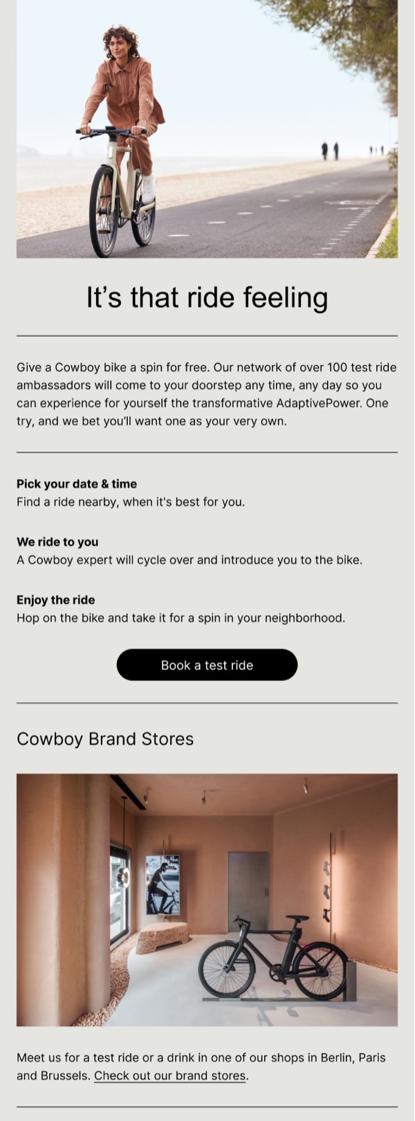 Book Your Test Ride - Cowboy email component (single column layout)