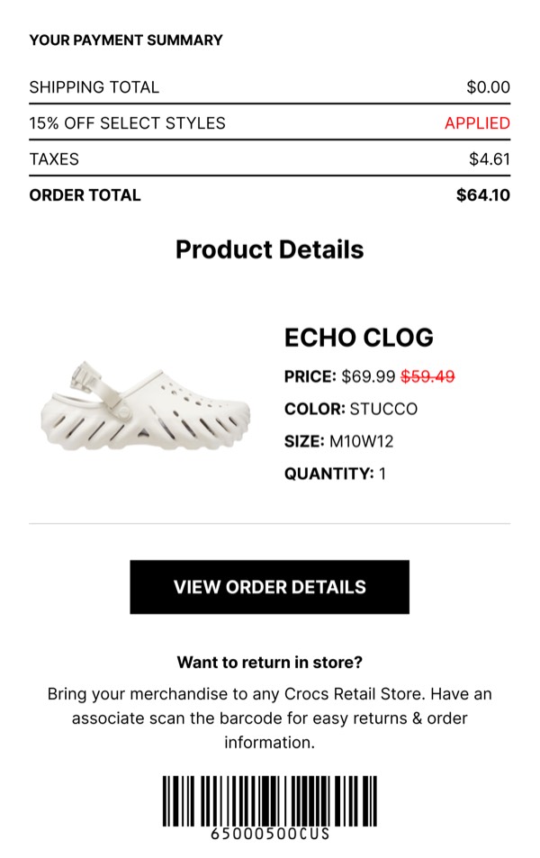 Payment Summary and Details - Crocs email component (single column layout)