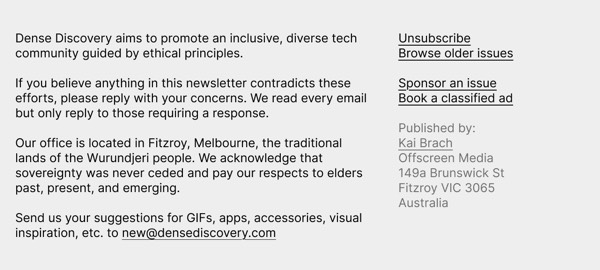 Community Principles and Contact Info - Dense Discovery email component (single column layout)