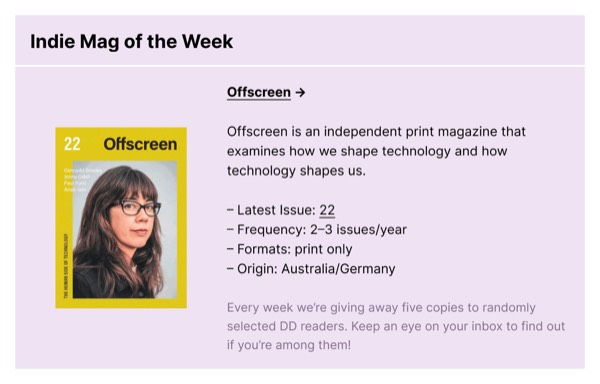 Indie Magazine of the Week - Dense Discovery email component (two column layout)