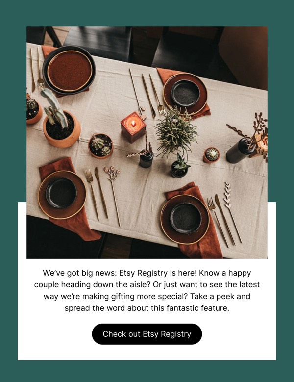 Etsy Registry Announcement - Etsy email component (single column layout)