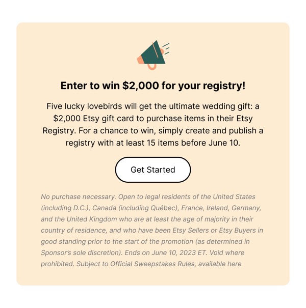 Win $2,000 for Your Registry - Etsy email component (single column layout)