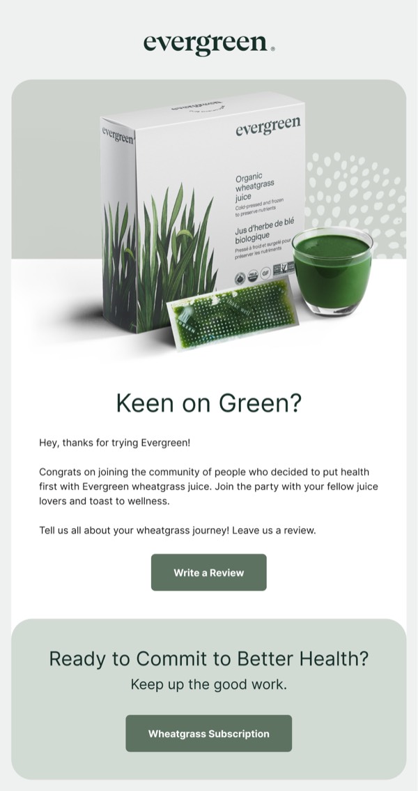 Wheatgrass Juice Subscription Email - Evergreen email component (single column layout)