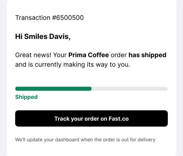 Order Shipment Update - Fast email component (single column layout)