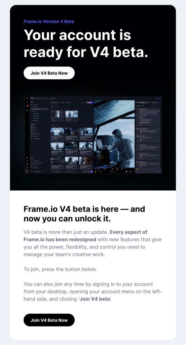 Your Account is Ready for V4 Beta - Frame.io email component (single column layout)