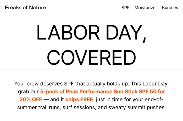 Labor Day Covered Offer - Freaks of Nature email component (single column layout)
