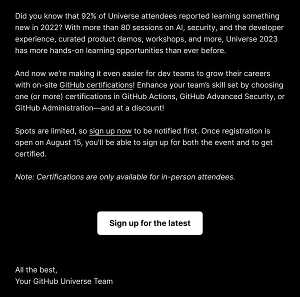 Event Updates and Signup - GitHub email component (single column layout)