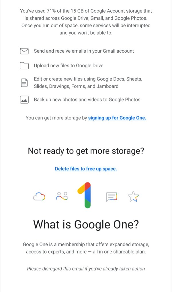 Storage Usage Notification - Gmail email component (single column layout)
