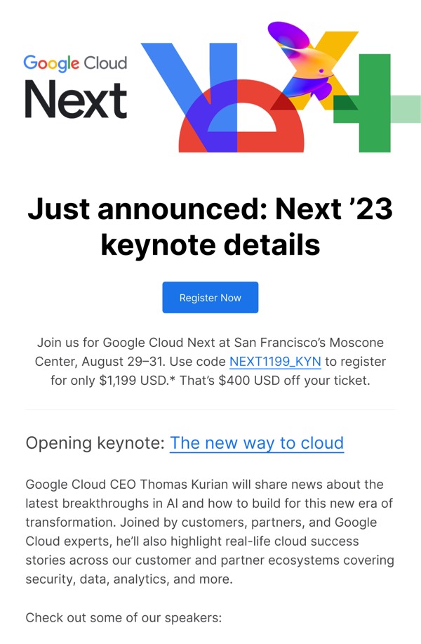 Conference Registration Details - Google Cloud email component (single column layout)