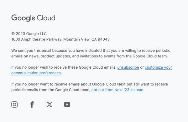 Email Unsubscribe Information - Google Cloud email component (single column layout)