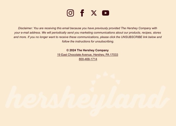 Email Footer - Hersheyland email component (single column layout)