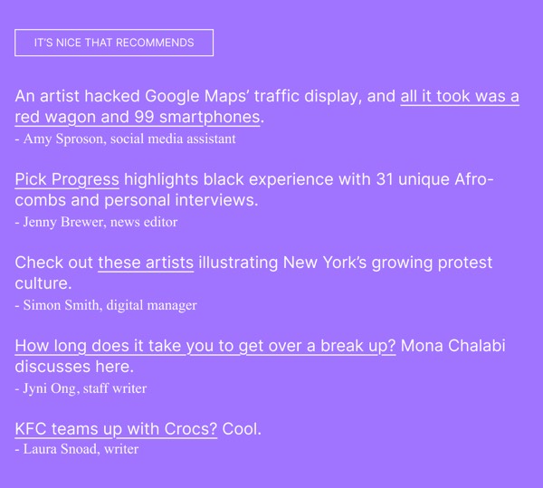 Curated Article Recommendations - It's Nice That email component (single column layout)