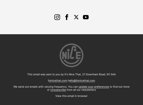 Footer with Social Links - It's Nice That email component (footer layout)
