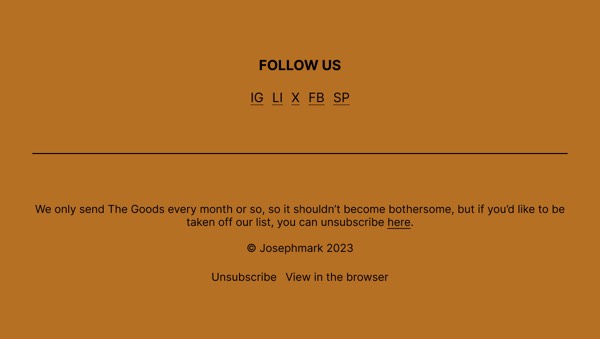 Social Media Follow and Unsubscribe - Joseph Mark email component (footer layout)