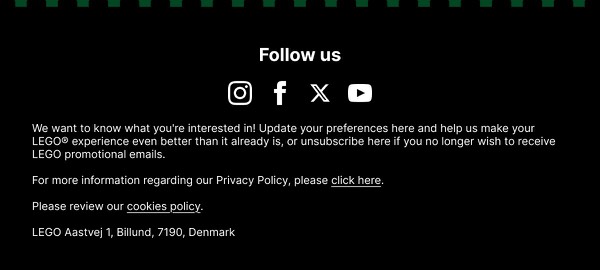 Follow Us and Preferences - LEGO email component (single column layout)