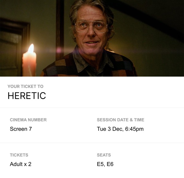 Ticket Details for Heretic - Lido email component (single column layout)