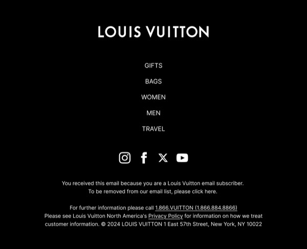 Footer with Links and Info - Louis Vuitton email component (footer layout)