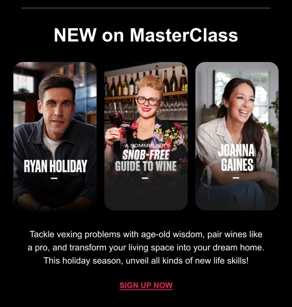 New Courses on MasterClass - MasterClass email component (two column layout)