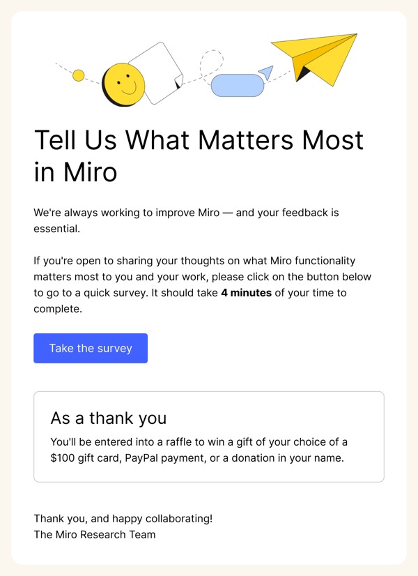 User Feedback Invitation - Miro email component (single column layout)