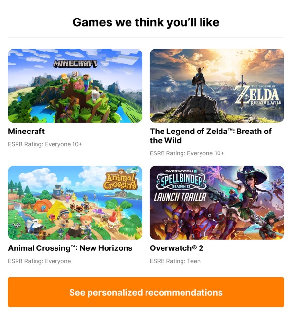 Personalized Game Suggestions - Nintendo email component (grid layout)