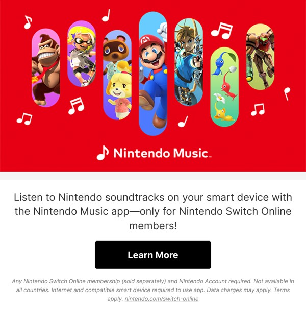 Nintendo Music App Announcement - Nintendo email component (single column layout)