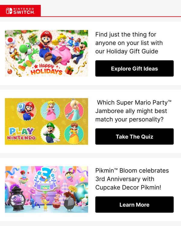 Holiday Gift Guide and News - Nintendo email component (single column layout)