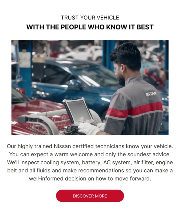 Trust Your Vehicle - Nissan email component (single column layout)