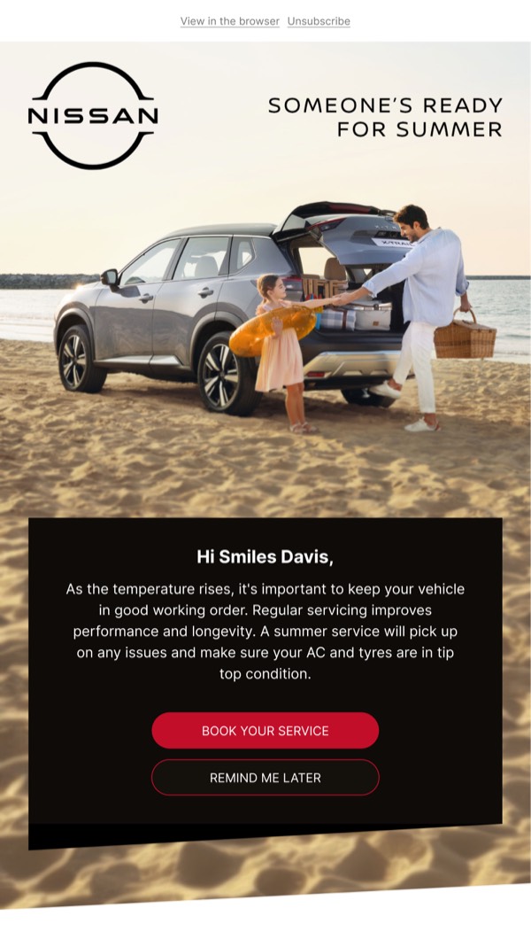 Summer Service Reminder - Nissan email component (single column layout)