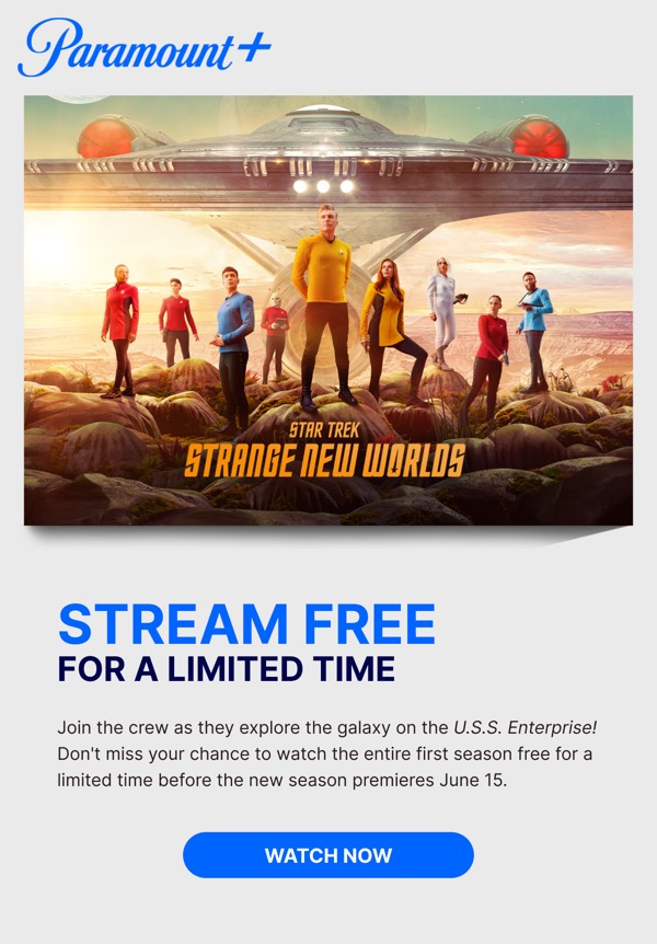 Free Streaming Offer - Paramount email component (single column layout)