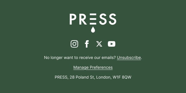 Email Footer Section - Press email component (single column layout)