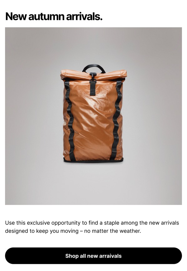 New Autumn Arrivals - Rains email component (single column layout)