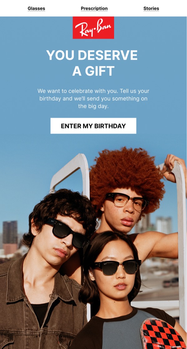 Birthday Gift Offer Email - Ray-Ban email component (single column layout)