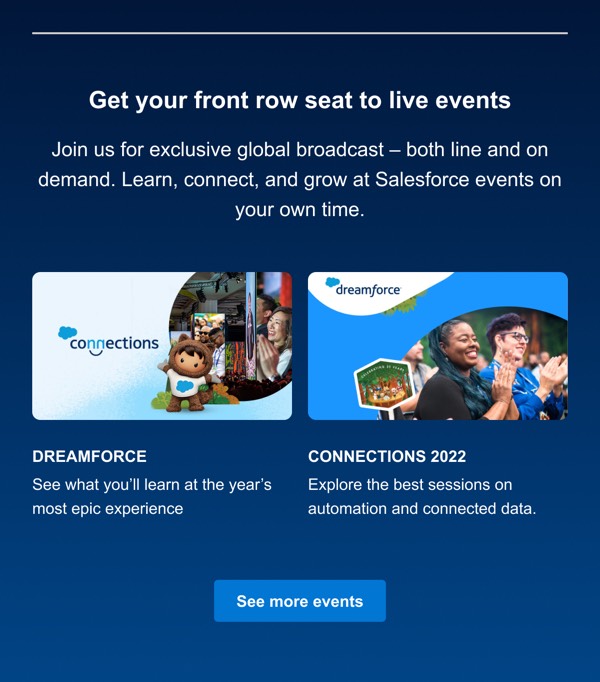 Live Events Announcement - Salesforce email component (two column layout)