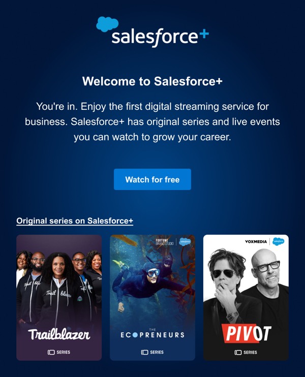 Welcome to Streaming Service - Salesforce email component (single column layout)
