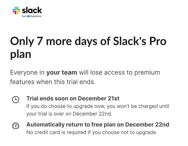 Trial Expiration Reminder - Slack email component (single column layout)