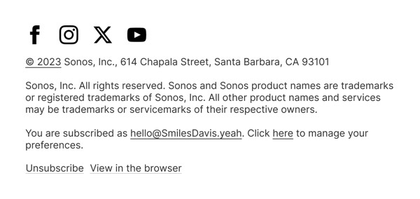 Email Footer - Sonos email component (single column layout)