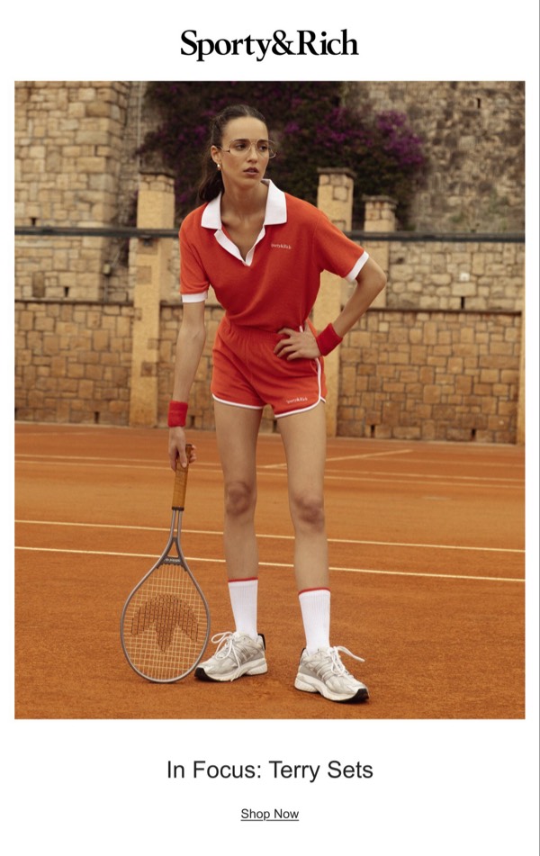 Tennis Apparel Showcase - Sporty & Rich email component (single column layout)