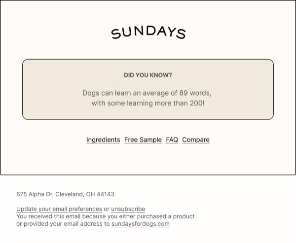 Dog Learning Facts Email - Sundays email component (single column layout)