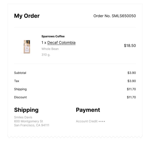 My Order Summary - Trade email component (single column layout)