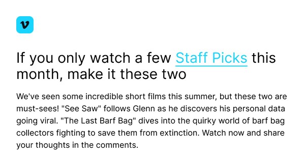 Staff Picks This Month - Vimeo email component (single column layout)