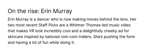 On the rise: Erin Murray - Vimeo email component (single column layout)