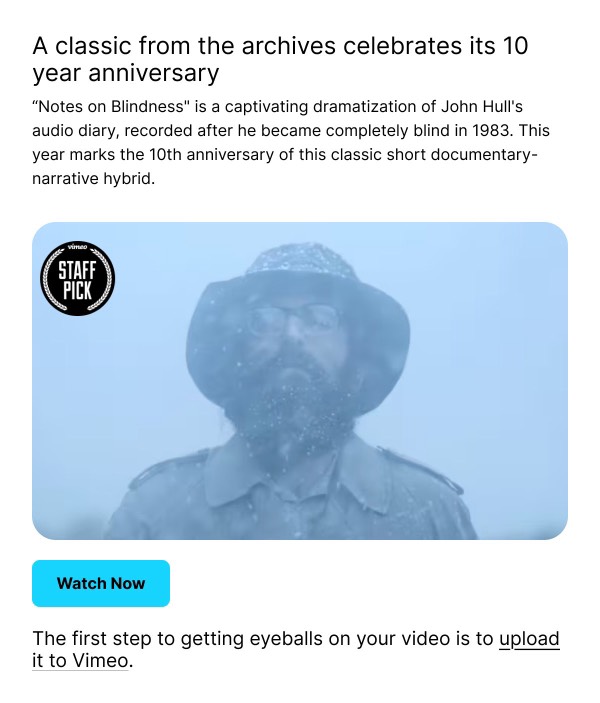 10 Year Anniversary Highlight - Vimeo email component (single column layout)